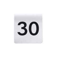 White calendar sheet displaying big black number thirty indicating date in a minimalistic and modern style design