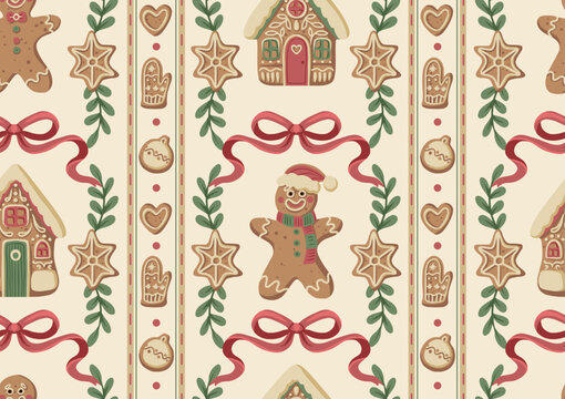 Christmas gingerbread gingerman bow seamless pattern with cookies stars hearts mittens holiday decoration