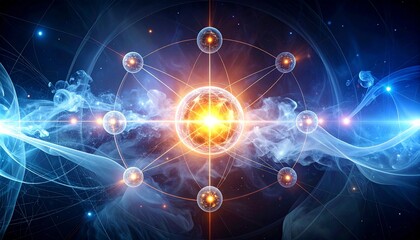 Quantum Connectivity – abstract glowing spheres linked by thin beams of light, surrounded by swirling digital mist.