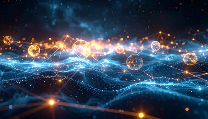 Quantum Connectivity – abstract glowing spheres linked by thin beams of light, surrounded by swirling digital mist.