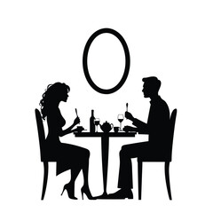 Couple dining at table with wine and tea set silhouette