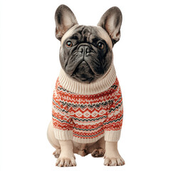 French bulldog wearing cozy sweater with red and white pattern