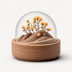 Wooden terrarium with yellow flower and sand inside