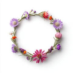 Floral wreath with colorful wildflowers arranged in circle on white