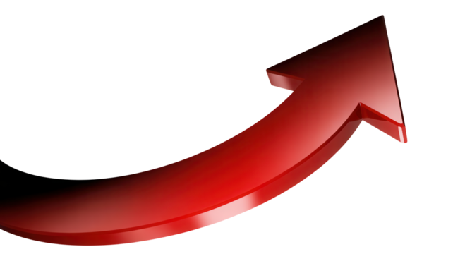 Glossy red upward curving arrow indicating progress growth and success isolated on transparent background