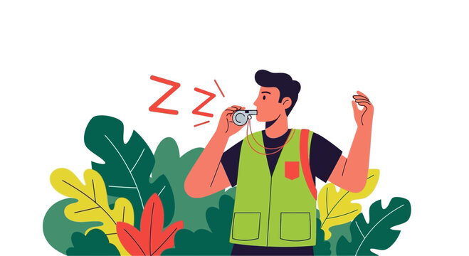 A Person Blowing A Whistle In The Jungle, With Colorful Plants And Green Vest