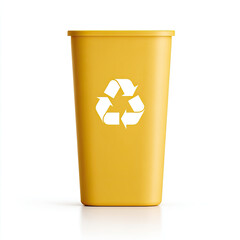 Yellow recycling bin with white recycle symbol on white background