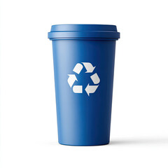 Blue reusable cup with recycling symbol on white background