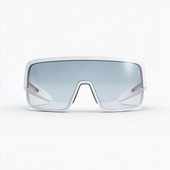 Futuristic white sunglasses with large blue lenses white background