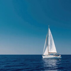 Obraz premium Solitary sailboat glides across a vast expanse of azure ocean under a brilliant sky