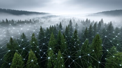 Digital network connections over serenity in forest landscape abstract data visualization peaceful environment aerial view