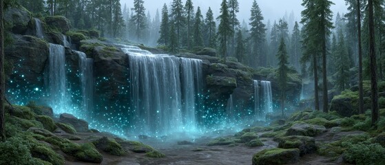 Cascading waterfall in a digital network abstract data visualization nature environment enchanted viewpoint