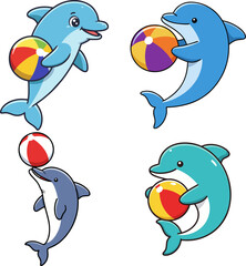 Playful Dolphin Illustrations Colorful Cartoon Dolphins with Beach Balls for Fun and Play
