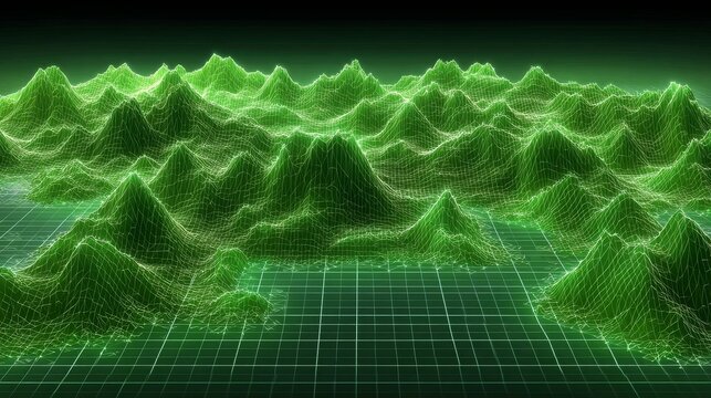 Abstract data network visualizing digital terrain maps through mesh grid connections