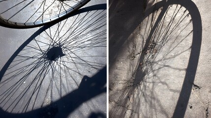 Bicycle wheel spokes casting intricate shadows on textured concrete ground image