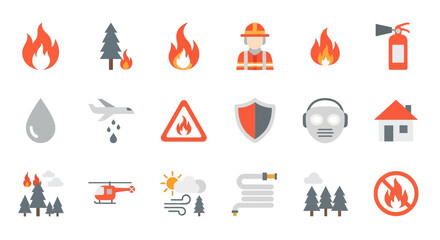 Wildfire and Firefighting Flat Icon Set Collection.