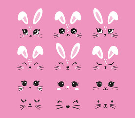 Minimalist Cat Face Line Art Design cute kitten. Cute white bunny easter cartoon kit set. Collection of design objects: ears, faces, different emotions, tummies, eyes, mustaches, noses isolated