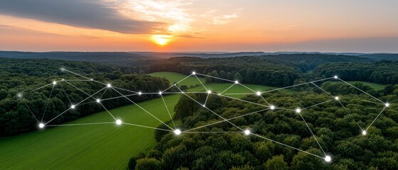 Connecting digital data networks over a pastoral farm landscape at sunset abstract views of nature's harmony