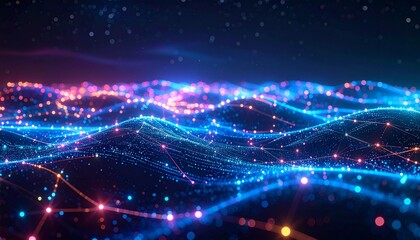 Holographic Network Nodes &ndash; a 3D mesh of glowing dots and connecting lines in neon colors, symbolizing mobile connectivity.