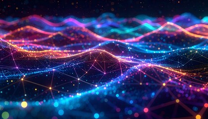 Fototapeta premium Holographic Network Nodes – a 3D mesh of glowing dots and connecting lines in neon colors, symbolizing mobile connectivity.