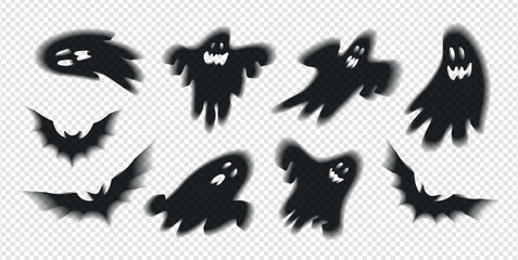 Halloween ghost and bat shadows silhouettes with glowing effect on transparent background. Vector illustration for festive card, banner, poster, social media, web.