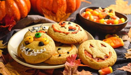 Four jack-o'-lantern cookies with playful faces sit on an autumn cloth surrounded by candy corn and tiny pumpkins—evoking festive warmth, seasonal charm, and the sweet mischief of Halloween.