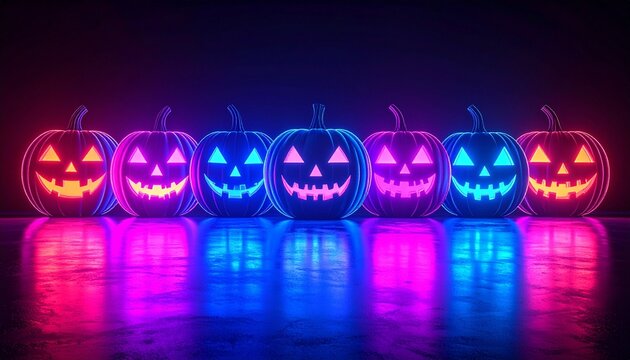 A glowing group of carved jack-o'-lanterns—each with a unique expression—illuminated by neon hues of blue, pink, purple, and orange, evoking festive mischief, eerie charm, and Halloween spectacle. - Powered by Adobe