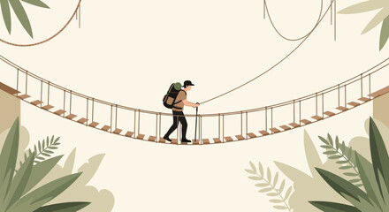 Adventure Seeker Crossing A Rope Footbridge Through Lush Green Foliage