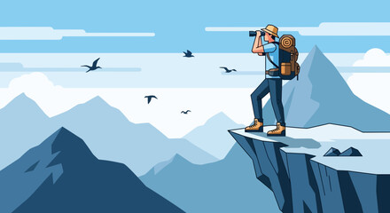 Adventure Seeker Observing Mountains From a Cliff, Binoculars, Vector illustration