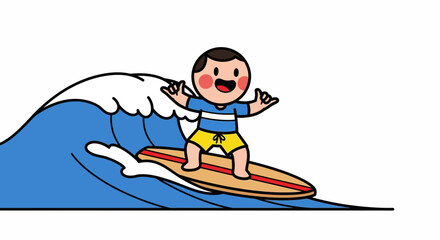 Cartoon surfer riding a big wave with excitement and joy, enjoying a thrilling water sport on a sunny day