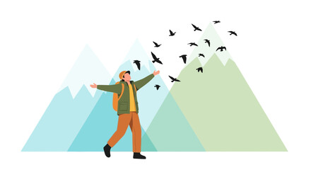 Adventurous Human Welcoming Birds And Nature Surrounded By Mountainous Landscapes