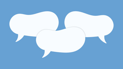 Three overlapping blank speech bubbles with organic shapes on a blue background, representing communication or conversation.