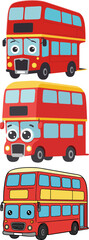 A charming set of illustrated red double-decker bus characters with expressive faces, isolated on a white background for design projects