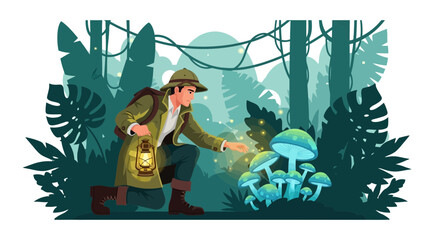Adventurer Discovering Bioluminescent Mushrooms In Enchanting And Lush Forest Illustration
