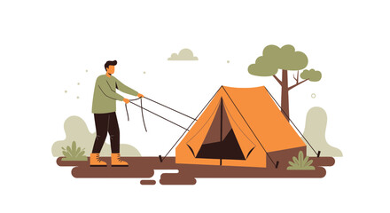 Fototapeta premium Adventurous Person Pitching Camp Tent Outdoor In Park For Recreational Fun, Nature Concept
