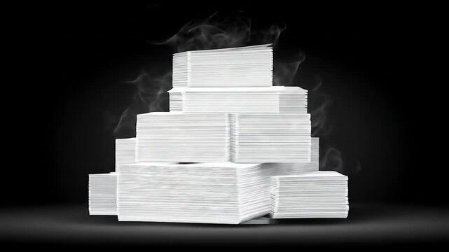 Stacks of Paper, Steam,  Black Background, Office Workload, White Paper,  Document Pile, Business Pressure, Paperwork Overload
