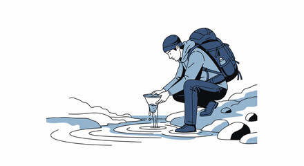 Adventurous Traveler Filtering Fresh Water From a Mountain Stream For Hydration
