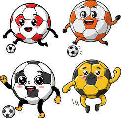 Collection of cartoon soccer balls with happy faces playing a game of soccer and dribbling with joy and excitement
