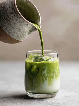 A vibrant green matcha latte is being poured from a ceramic pitcher into a glass filled with ice. The latte's creamy texture is visible as it mixes with the milk