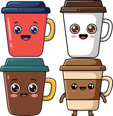 Cute cartoon coffee cups with happy faces expressing joy and energy, perfect for cafe branding or playful designs