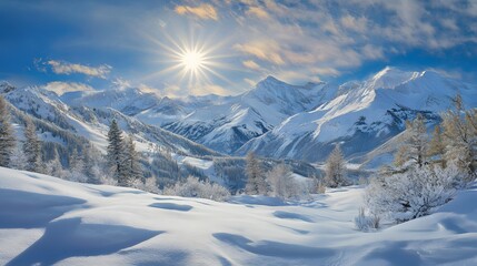 Majestic snow-covered mountains under a bright sun with a serene winter landscape in the foreground