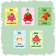 a set of alphabet educational cards with hand drawn food mascot for kids learning activity