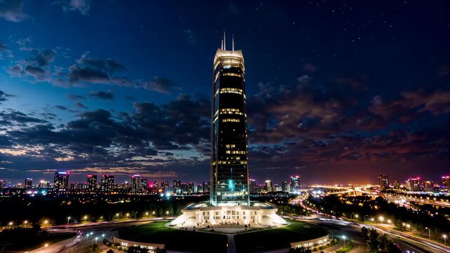 Panoramic night view of a high-rise building Night view of Qianxi Square, Zhengzhou