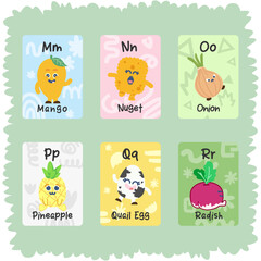 a pack of alphabet flashcards with food illustration for children learning activity