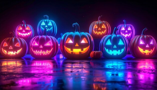 A glowing group of carved jack-o'-lanterns—each with a unique expression—illuminated by neon hues of blue, pink, purple, and orange, evoking festive mischief, eerie charm, and Halloween spectacle.
