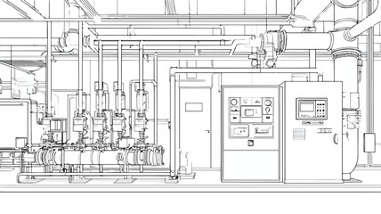 Industrial Factory Interior with Pipes and Control Panel