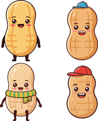 Set of four cute cartoon peanut characters with unique personalities and expressions, perfect for food and fun designs