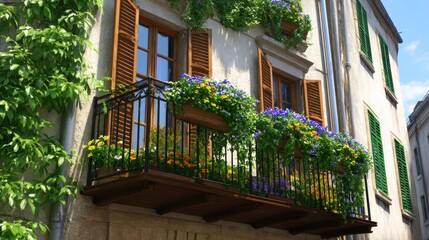 Fototapeta premium Charming balcony adorned with vibrant flowers, overlooking a sunny street in a picturesque town