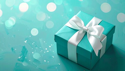 A turquoise gift box with a white ribbon bow sits against a matching bokeh-lit backdrop—evoking festive elegance, celebratory charm, and the soft anticipation of a meaningful surprise.