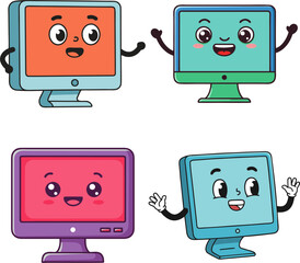 Four cartoon computer monitors with happy faces and waving arms, designed in a cute, friendly style